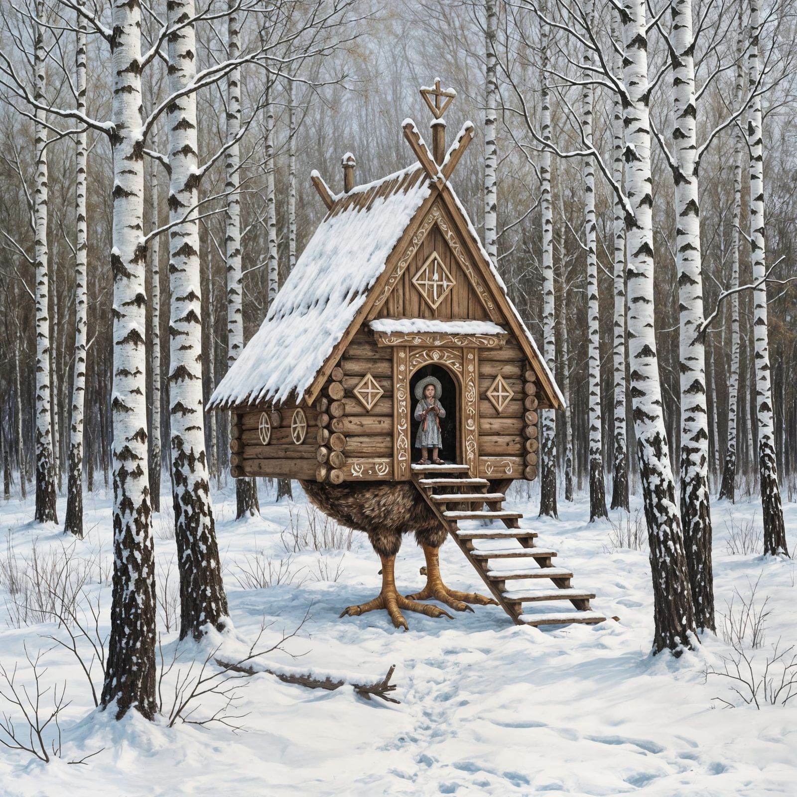 Baba Yaga's Hut in a Snowy Russian Forest