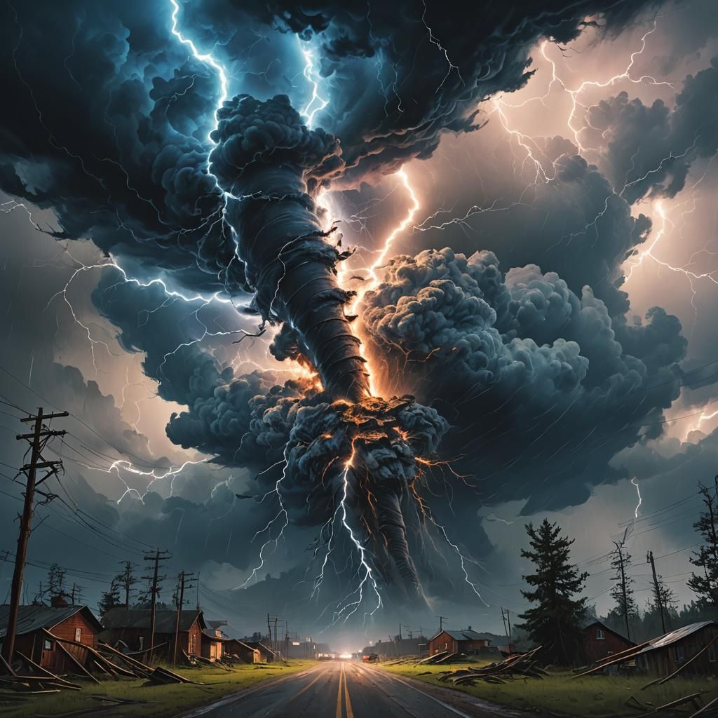 Intense Tornadoes Swirling in Storm, Lightning Strikes