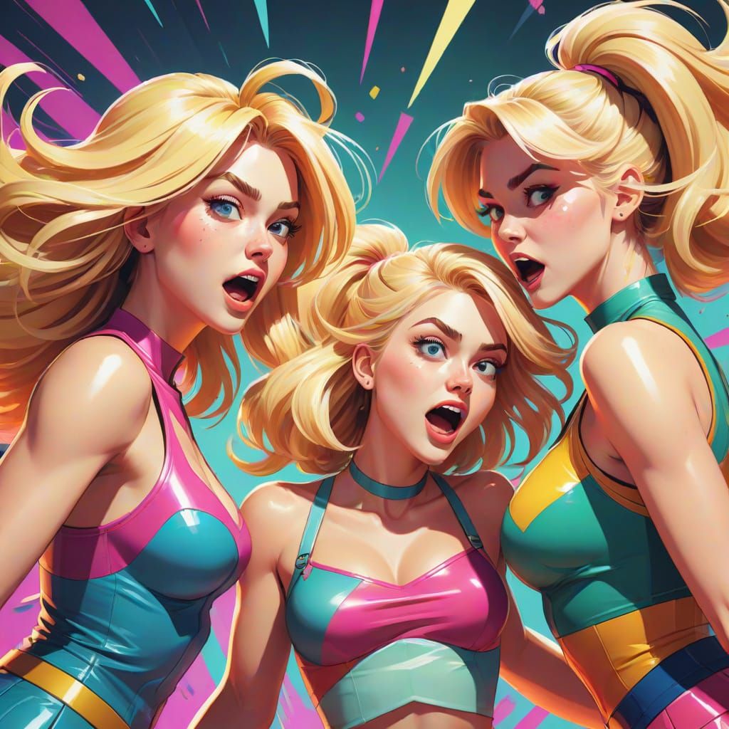 Three Blonde Girls Playing in Comic Book Style
