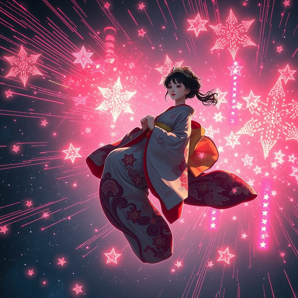 Geisha Girl Floating Among Shooting Stars in Space
