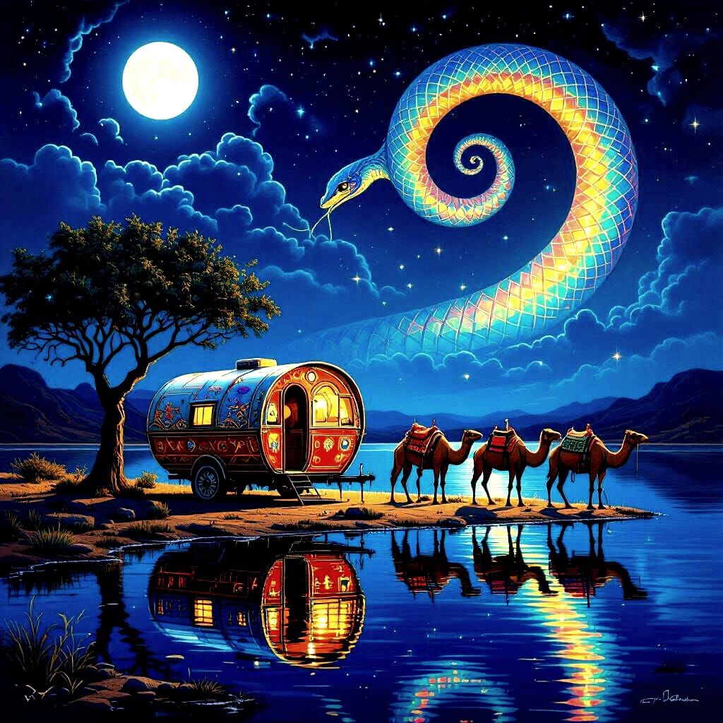 Gypsy Caravan Reflection Under Rainbow Serpent Night Sky