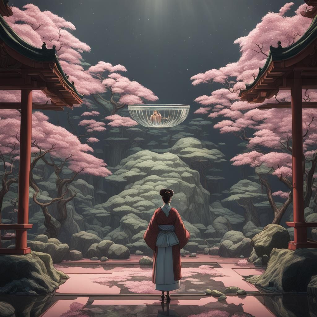 Beautiful Japanese Woman in Cubic Terrarium