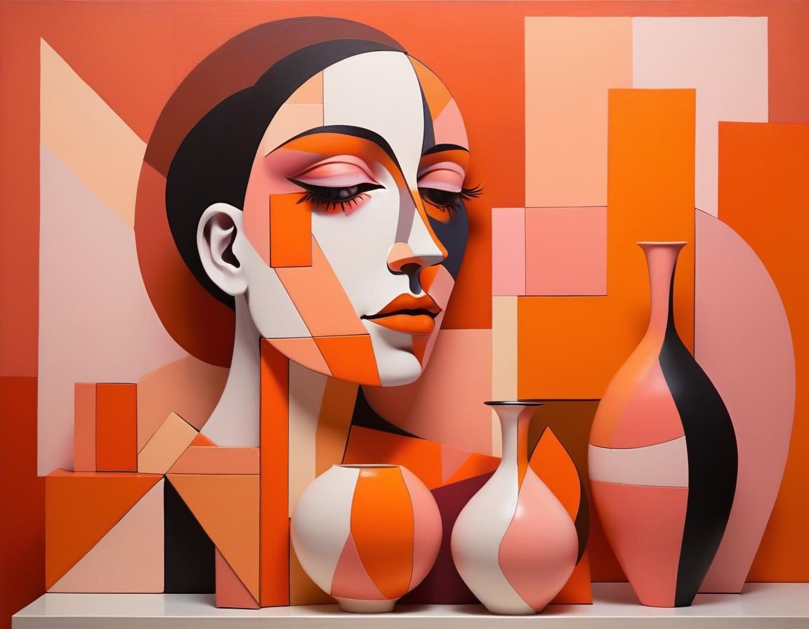 Abstract Woman in Cubist Geometric Still Life