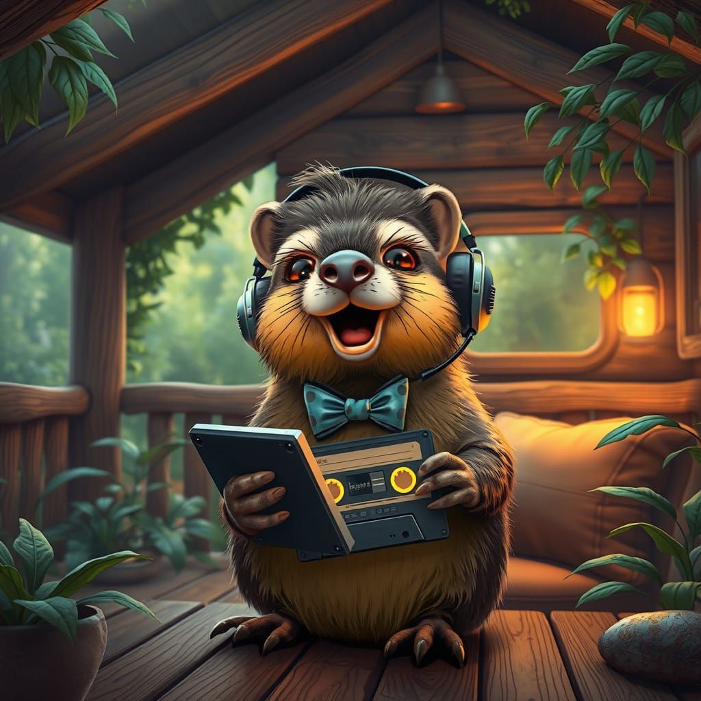 Coypu with Cassette in Cyberpunk Wooden Lodge