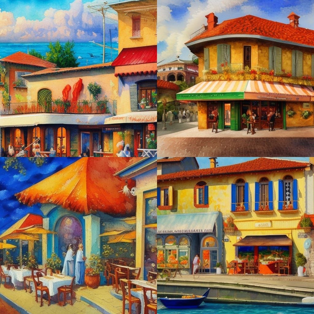 Seaside Italian Restaurant in Impressionist Style