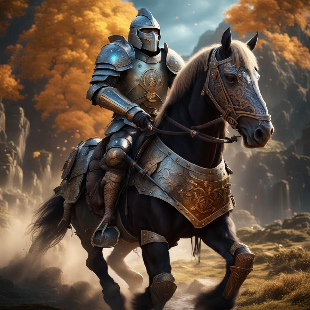 Ape wearing a suit of armor riding a war horse wearing horse body armor