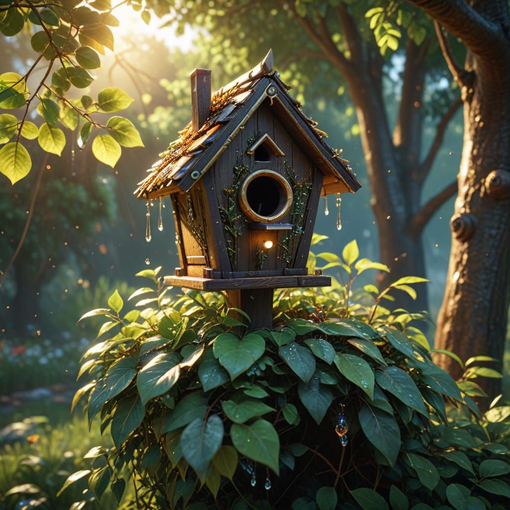 Birdhouse on Branch in 3D Game Cinematic Style