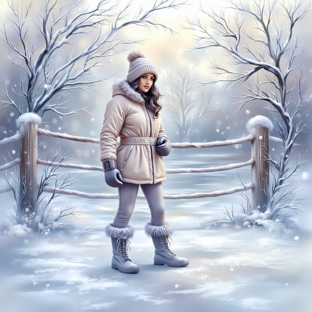 <lora:Soft Winter:1.0> Winter woman in boxing clothes, standing in a winter boxing ring <lora:Winter Blues:1.0>