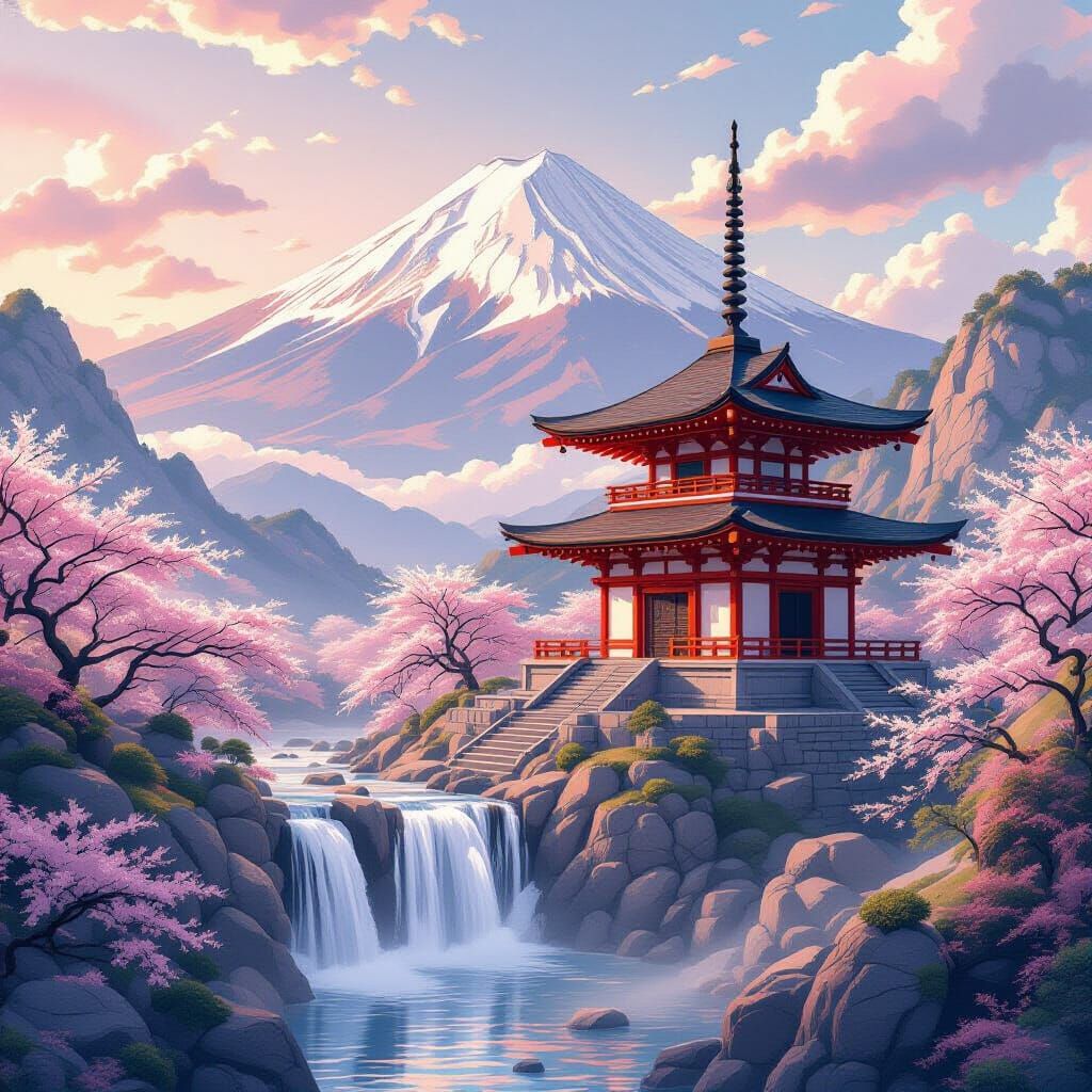 Japanese Temple in Pastel Anime Style