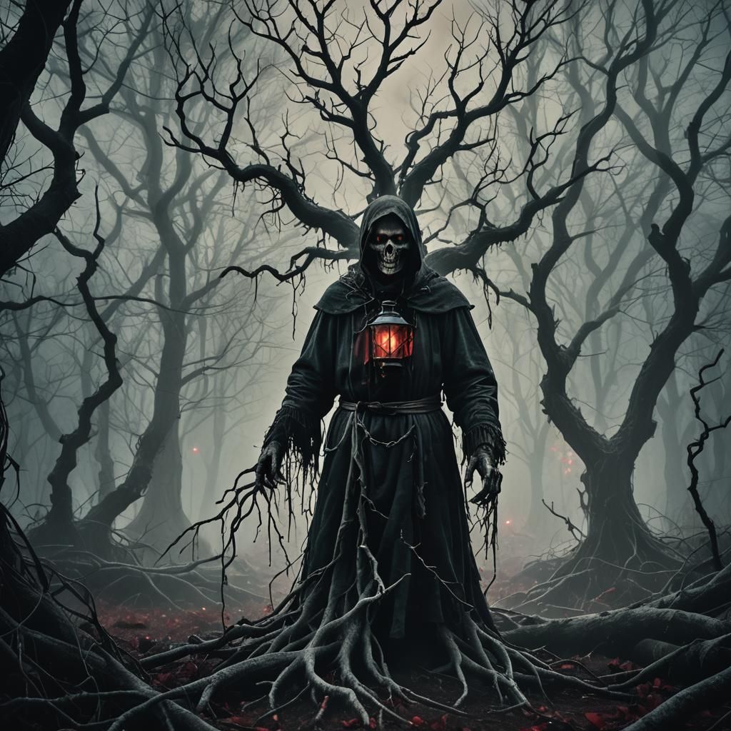 Ominous Forest Scene with Lost Person in Dark Fantasy Style