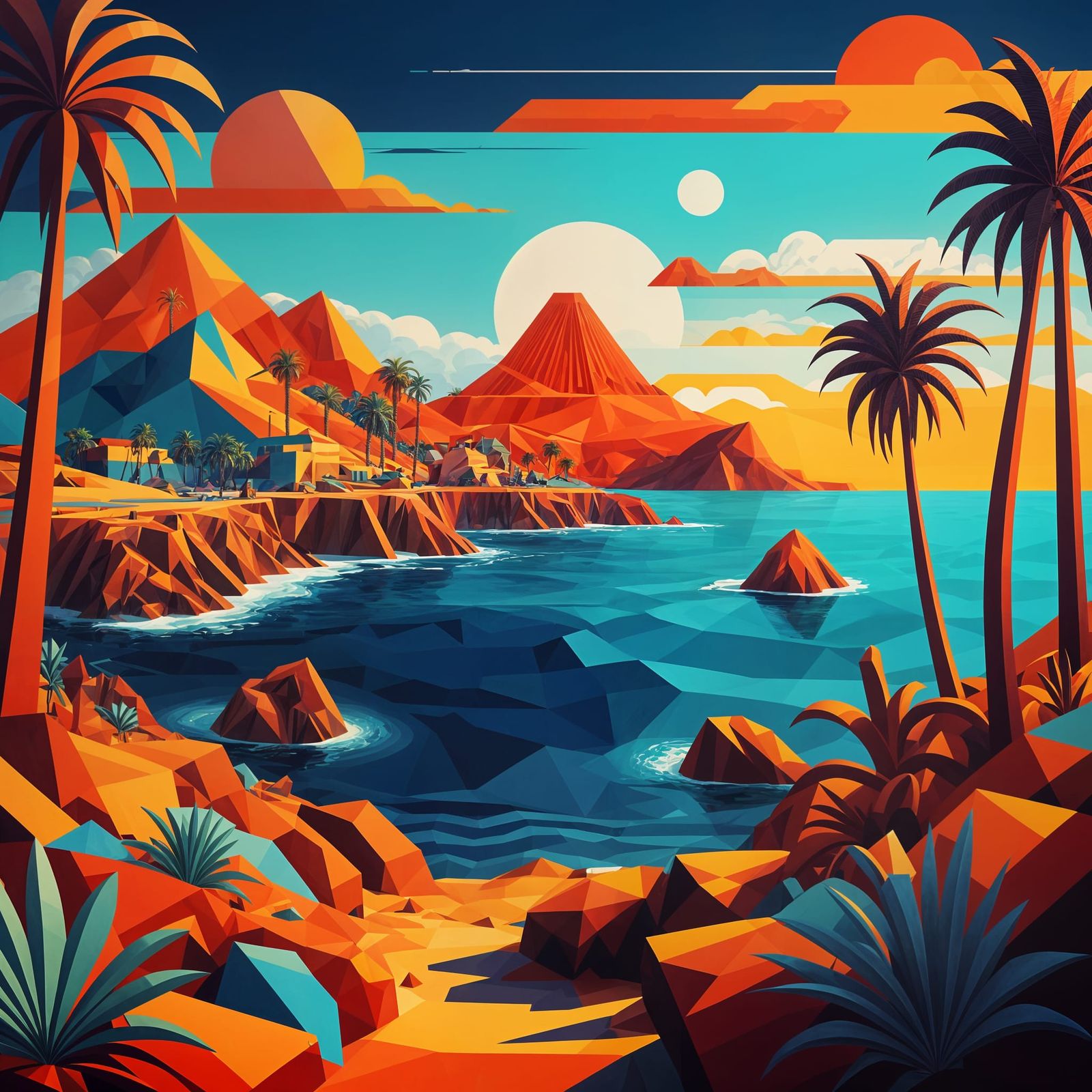 Cubist Volcanic Island Landscape in Vibrant Art Deco Style