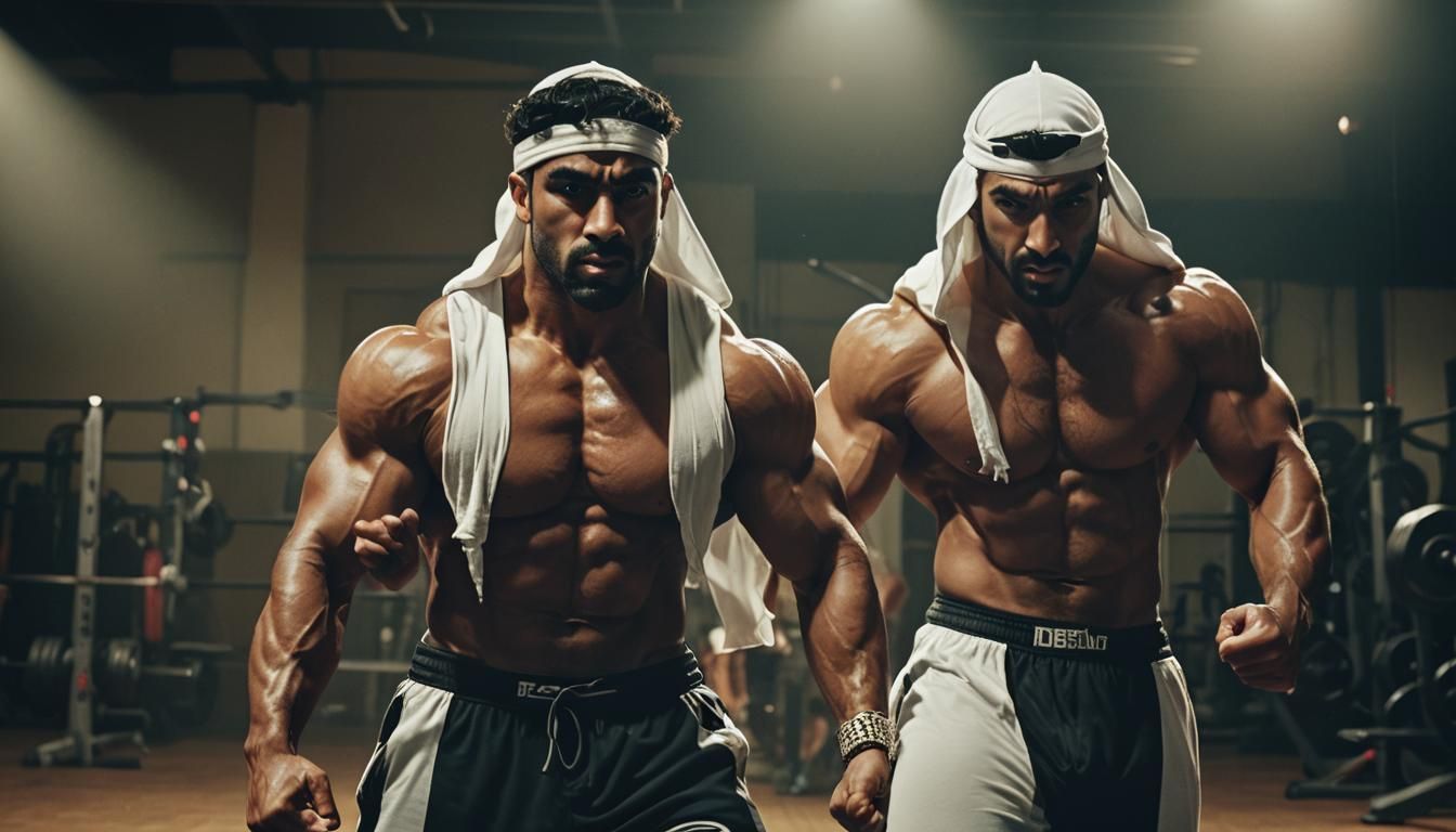 Cinematic Arab Bodybuilder in Gym with Ghutra Headdress