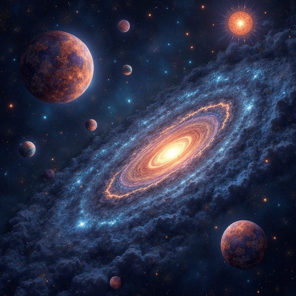 Colorful Nebula with Planets and Abstract Fractals