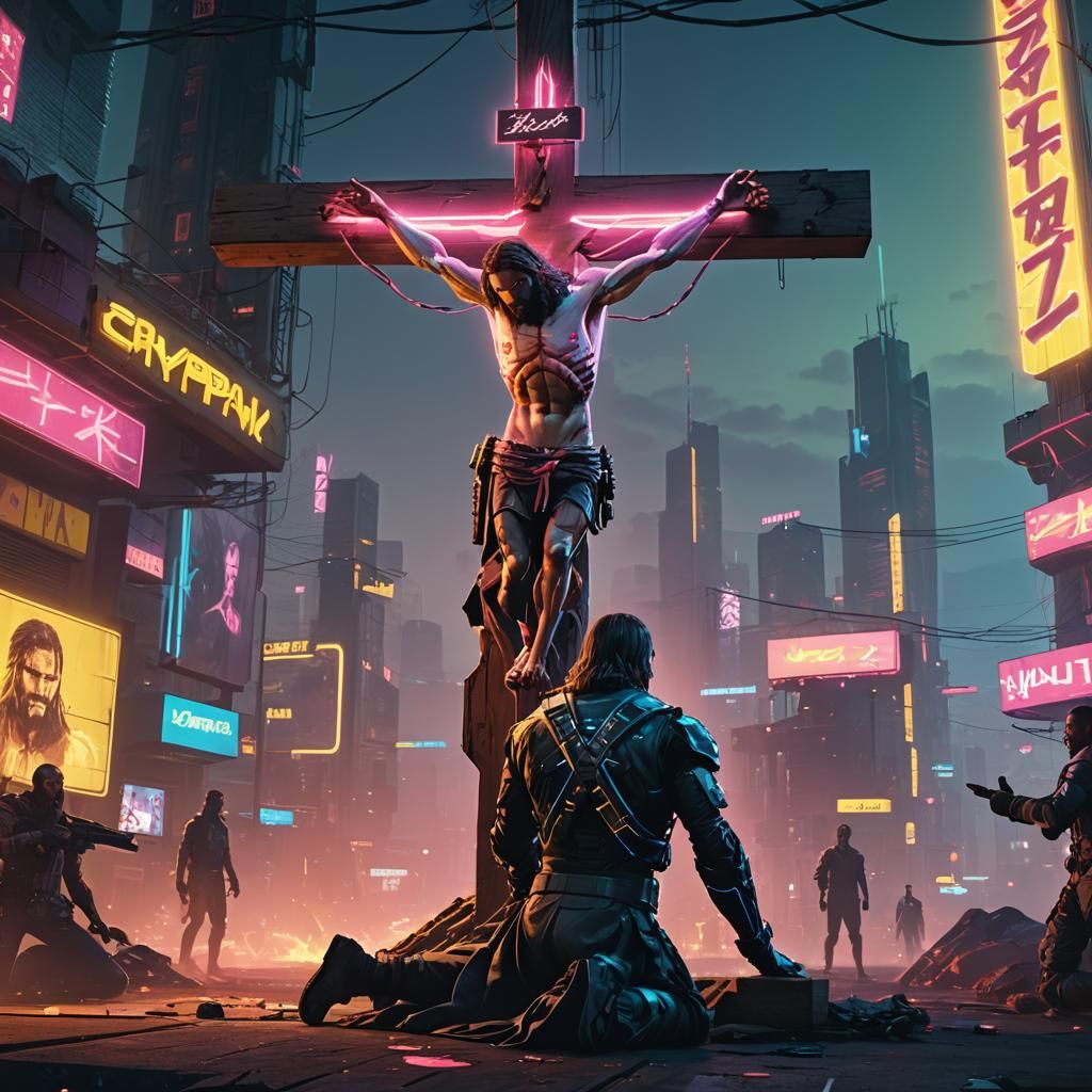 Jesus on the Cross in Cyberpunk 2099 Style