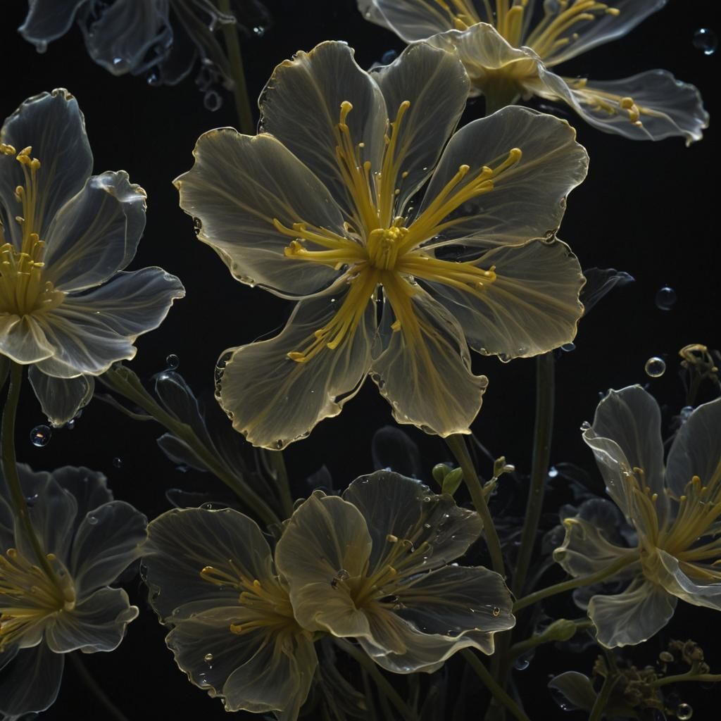 Bioluminescent Jelly Flower in Glass, Hyperrealistic Close-u...