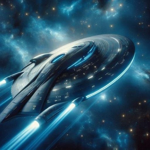 Glossy, Celestial Starship Cruises Through Cosmic Night