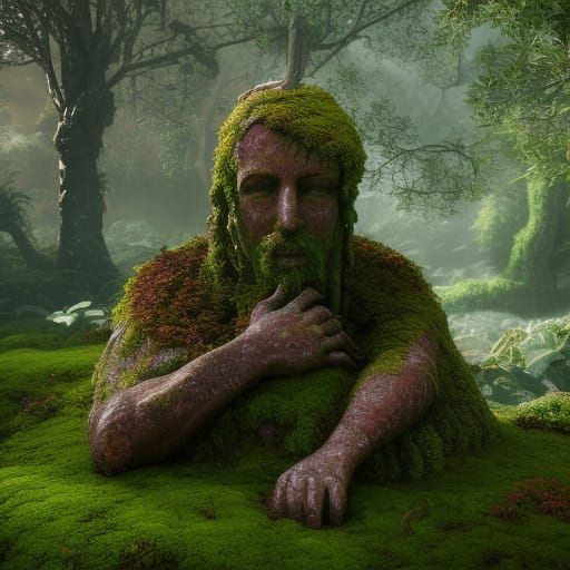Mossy Statue in Secluded Garden: Fantasy Concept Art