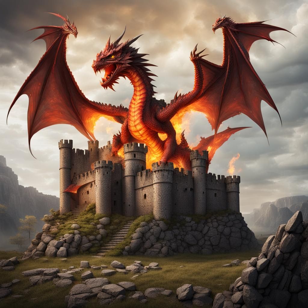 Medieval Castle Ruins with Fire Dragon