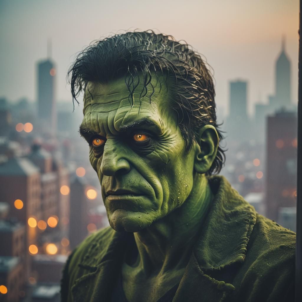 Frankenstein's Monster Gazes at Misty Cityscape