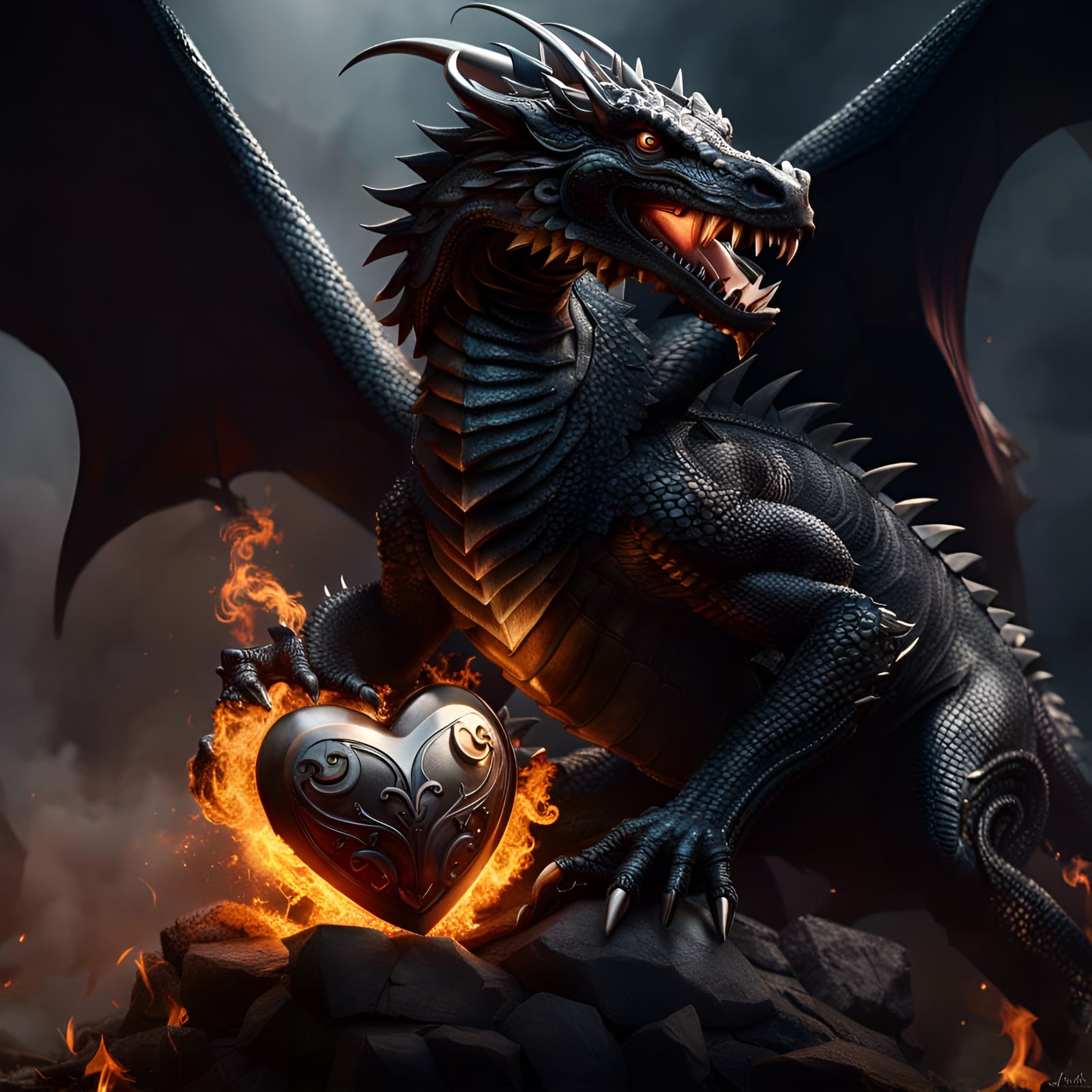 Hungarian Razorback Dragon Clutching Obsidian Heart