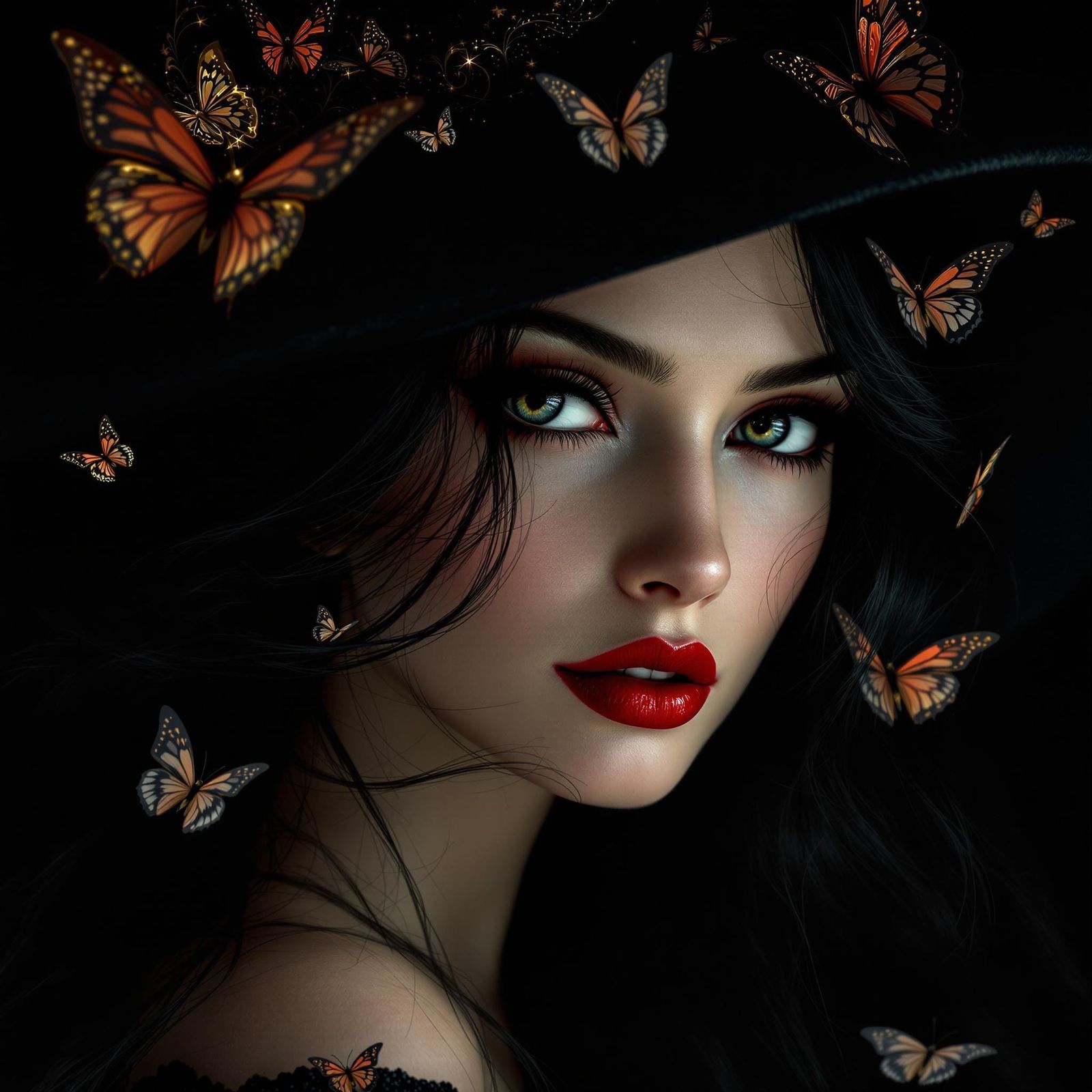 Noir-Style Portrait of Enigmatic Woman in Dark, Whimsical Su...