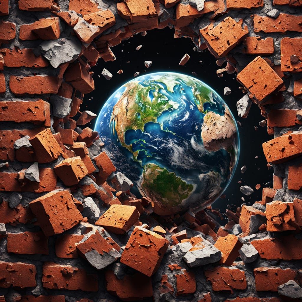 Earth Shatters Against Brick Wall in Oil Painting
