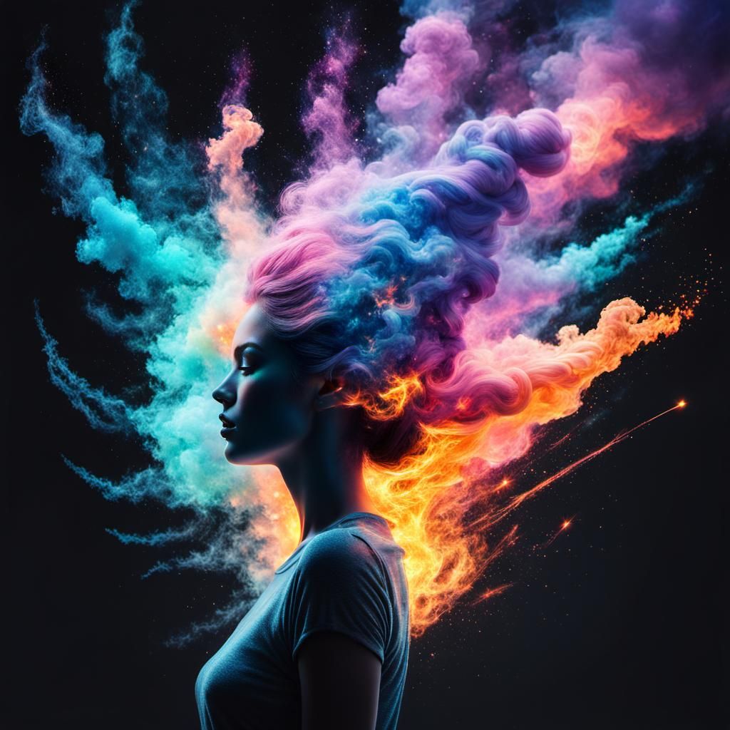 Rainbow Fire Explosion and Galaxy Girl in Double Exposure
