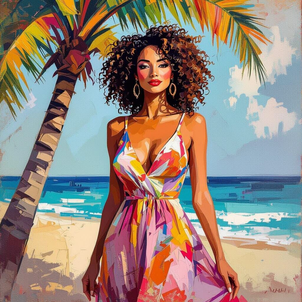 Woman on Beach in Abstract Architectural Style