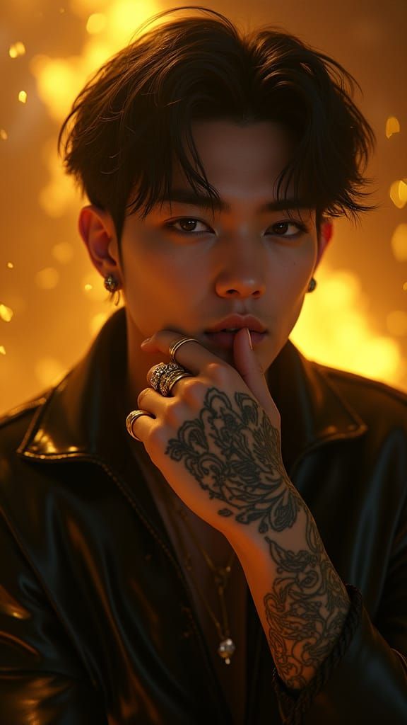 Golden-Lit Male Portrait with Tattoos and Piercings