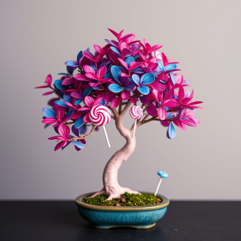 Vibrant Bonsai Tree with Lollipops in Pop Surrealist Style