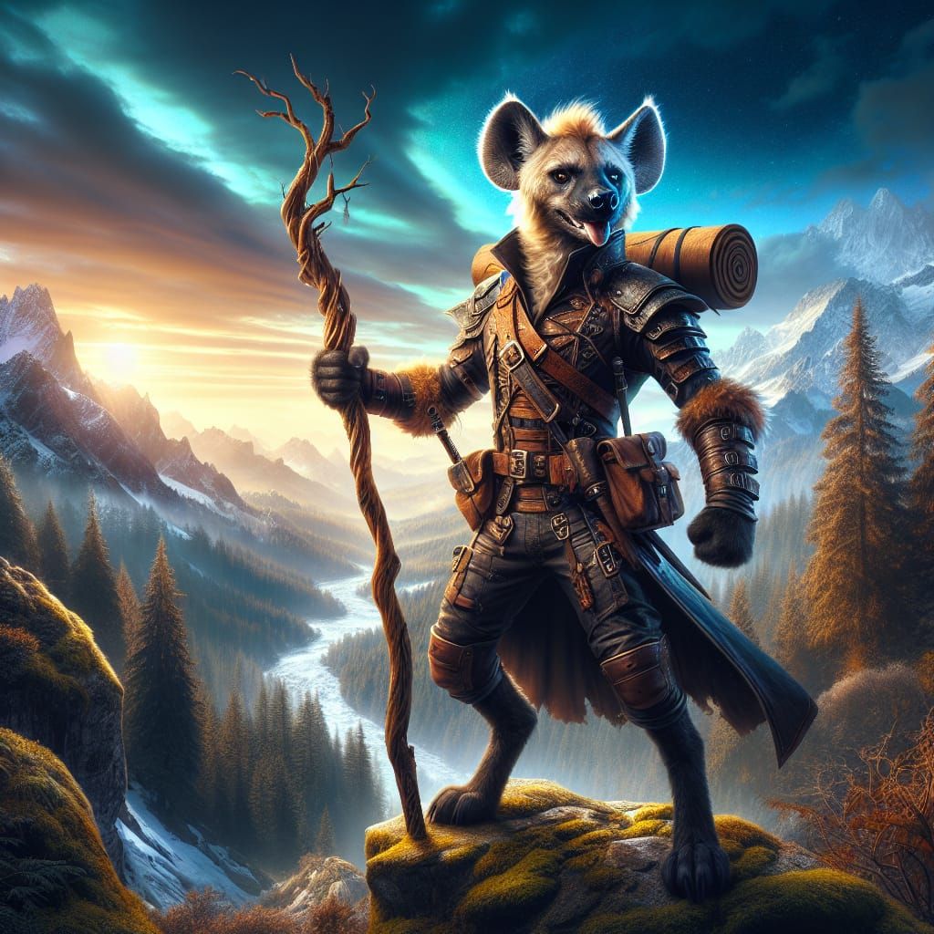 Anthropomorphic Hyena Ranger in Dramatic Forest Landscape