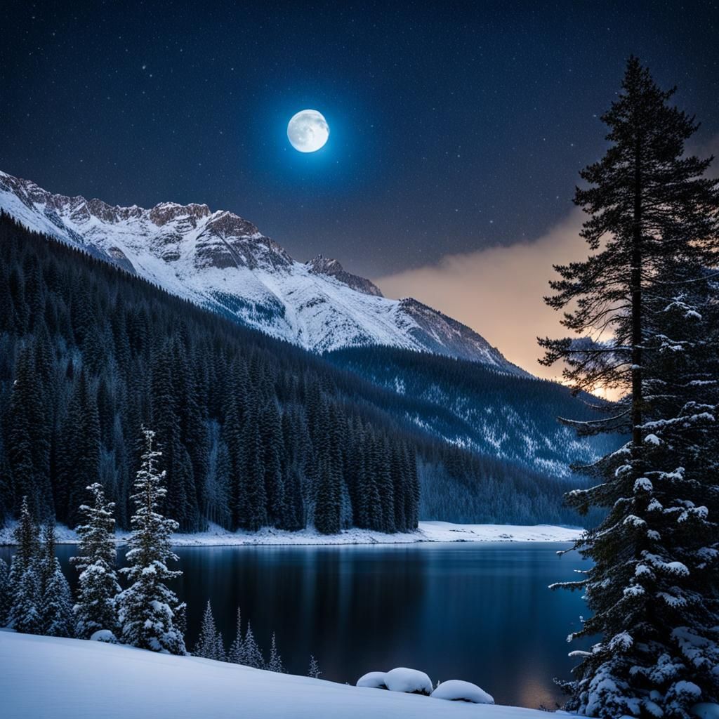Moonrise Over Snowy Lake
