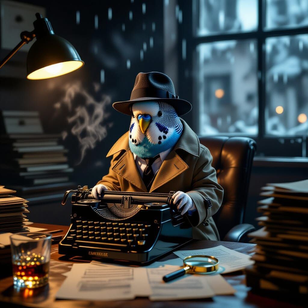Blue Budgie Detective in Noir Office, Digital Art