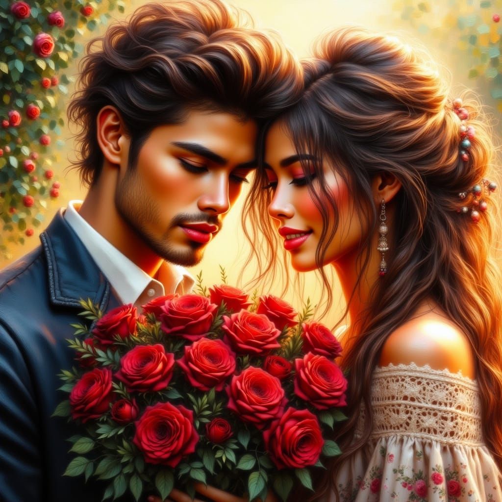 Man Offers Roses to Woman in Golden Hour Light