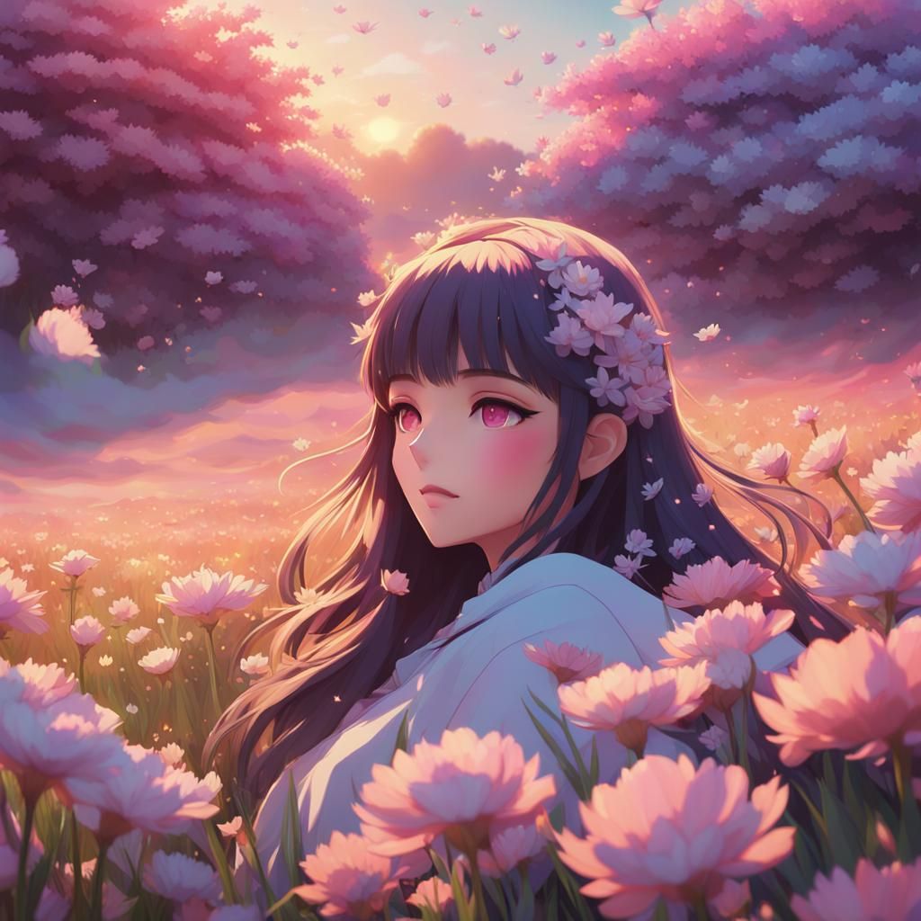 Girl in Flower Field at Sunset: 3D Anime Art