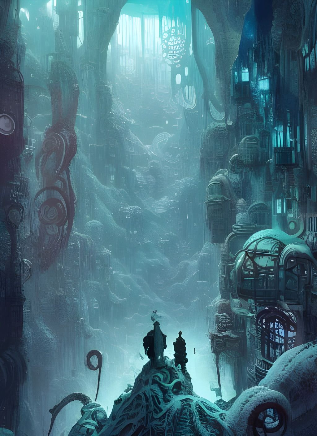 Frozen Cave Cityscape in Watercolor Style