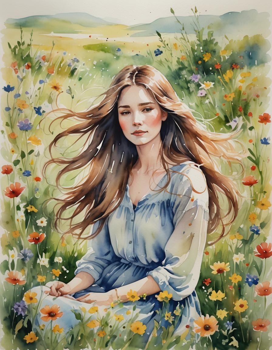 Woman in Meadow, Flowing Hair, Watercolor Art