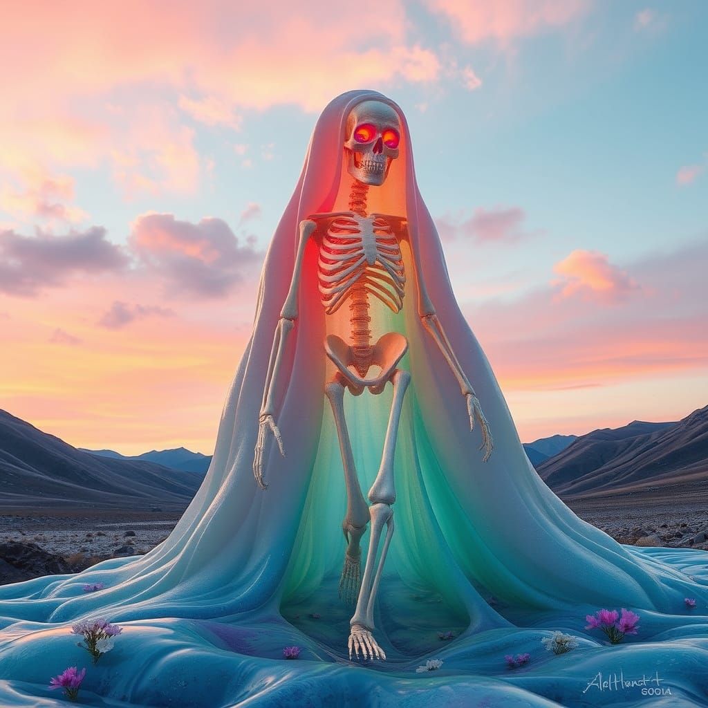 Giant Multicolored Slime Creature with Skeleton