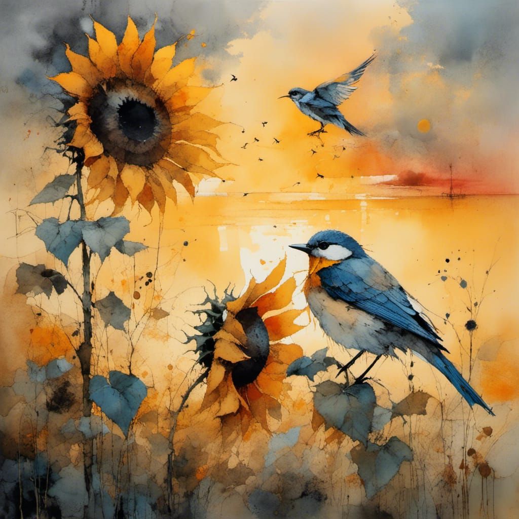 Sunflower and Bird at Sunset: Watercolor Style