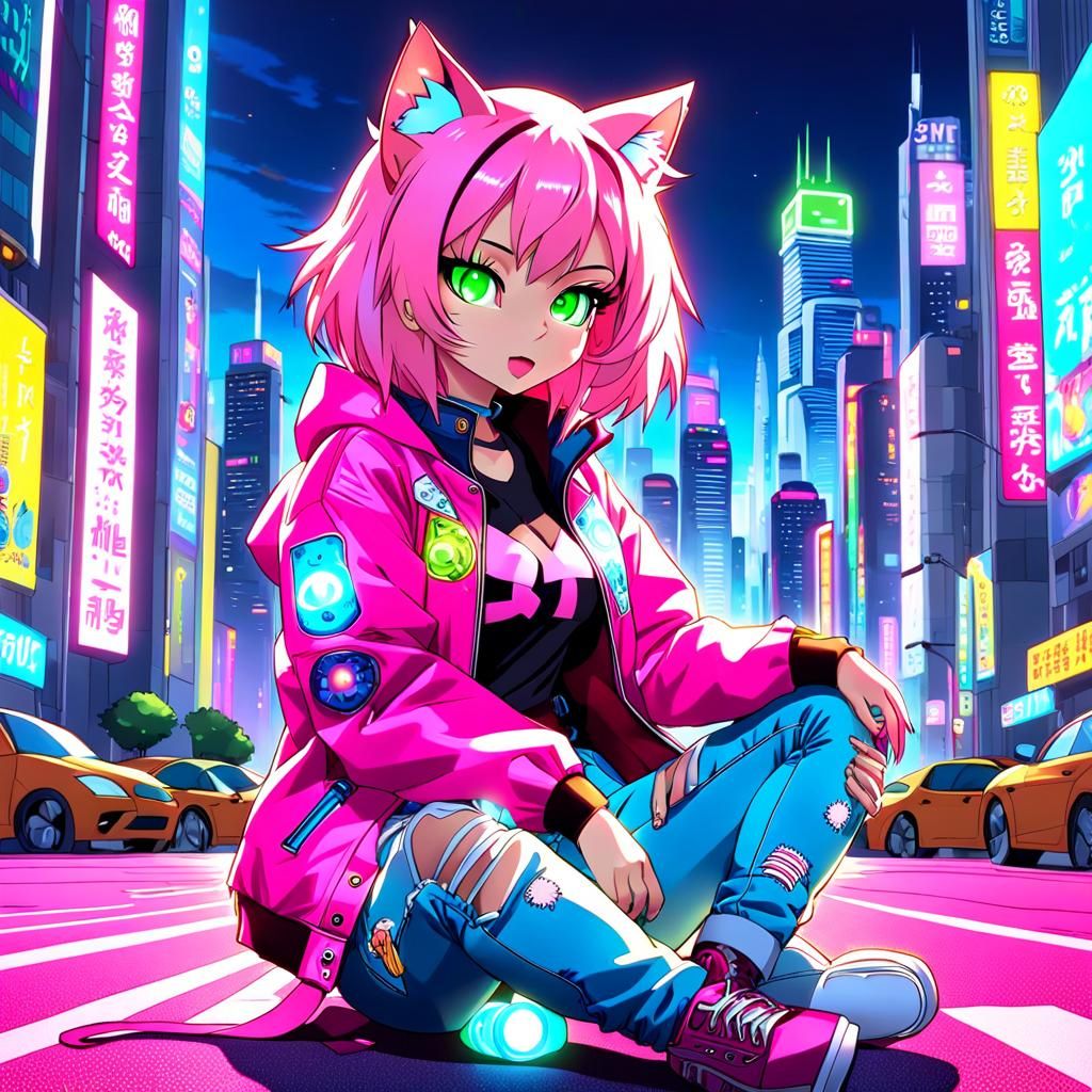 Cyber Cat-Girl in Neon City: Anime Art