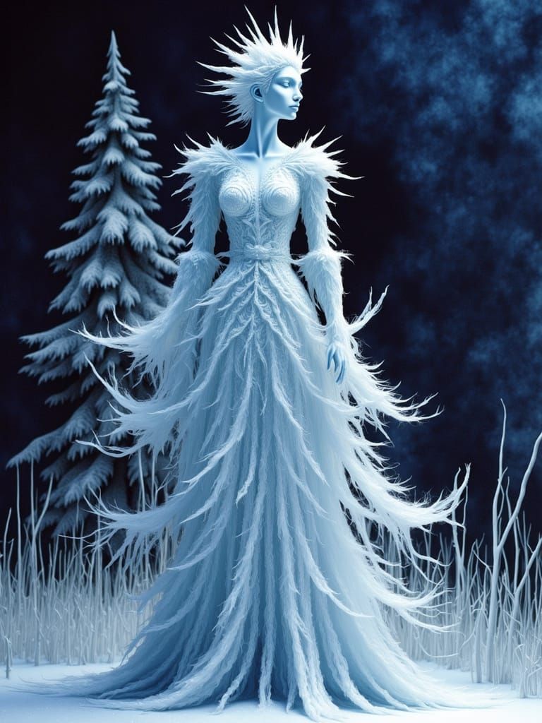 Frost Queen Sculpture in Minimalist Winter Landscape