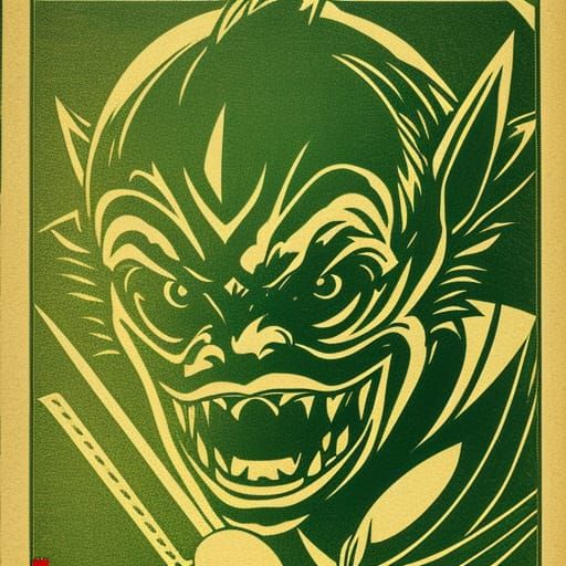 Green Goblin Portrait: Magic, Cute, Vintage Woodcut