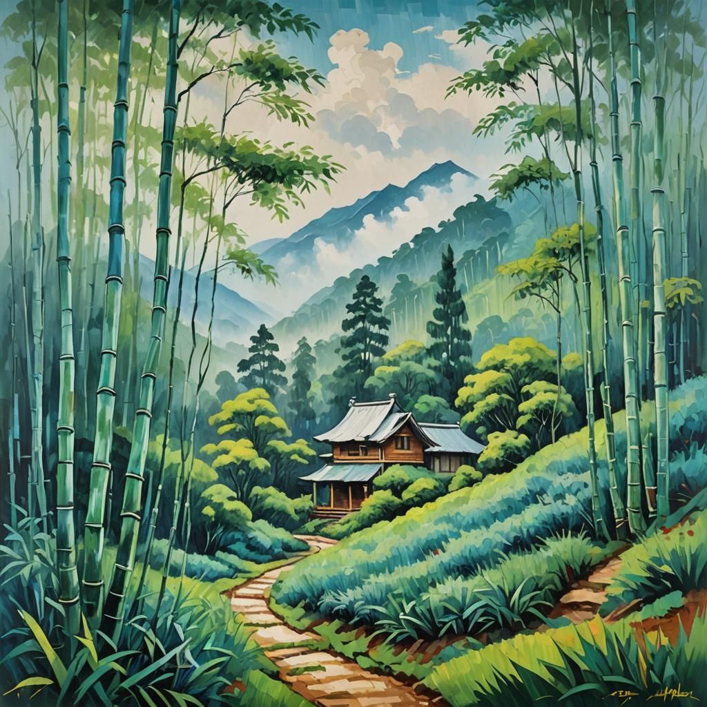 Cottage in Bamboo Grove: Neo-Impressionist Mountain Scene