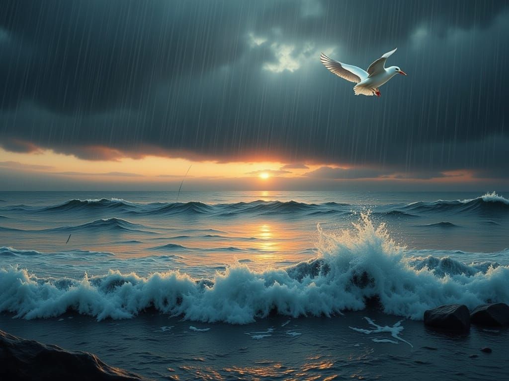 Seabird in Heavy Rain at Sunset