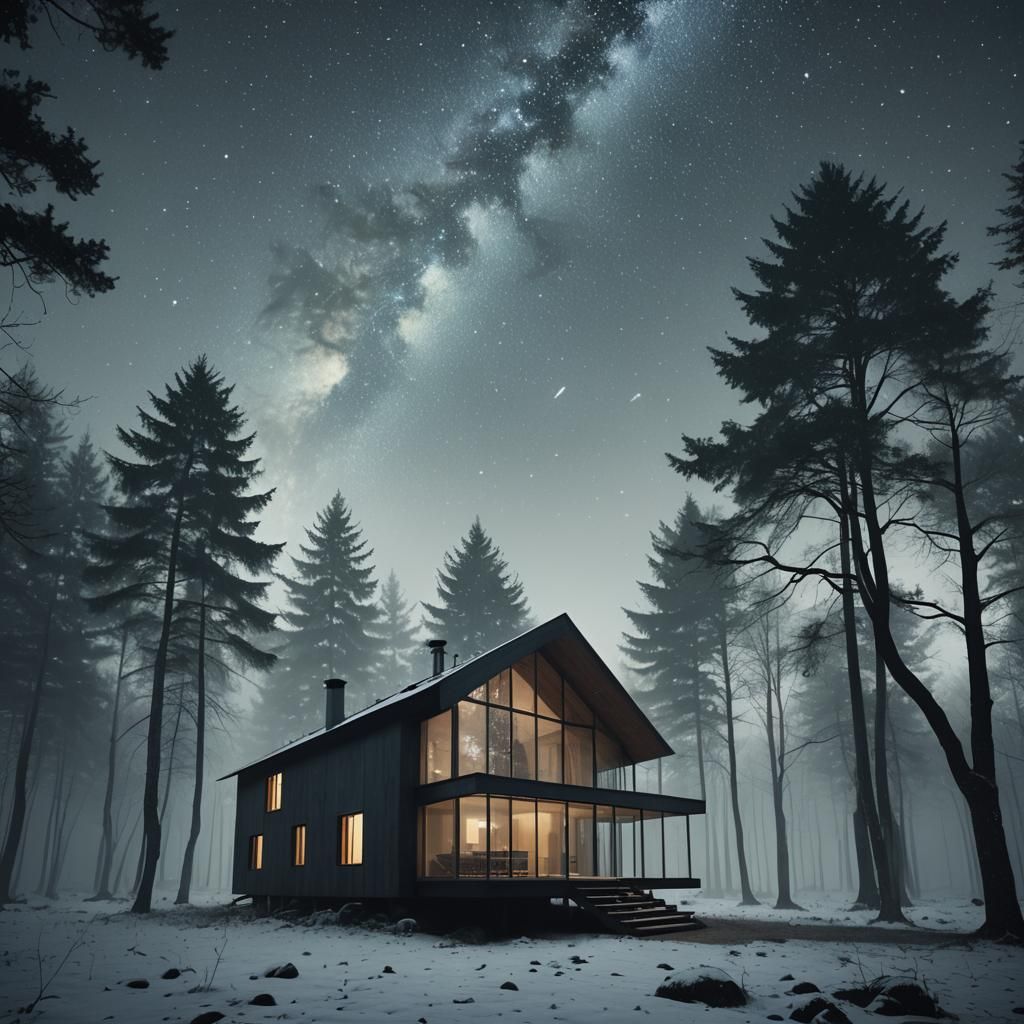 Bauhaus Cottage Under Starry Night Sky