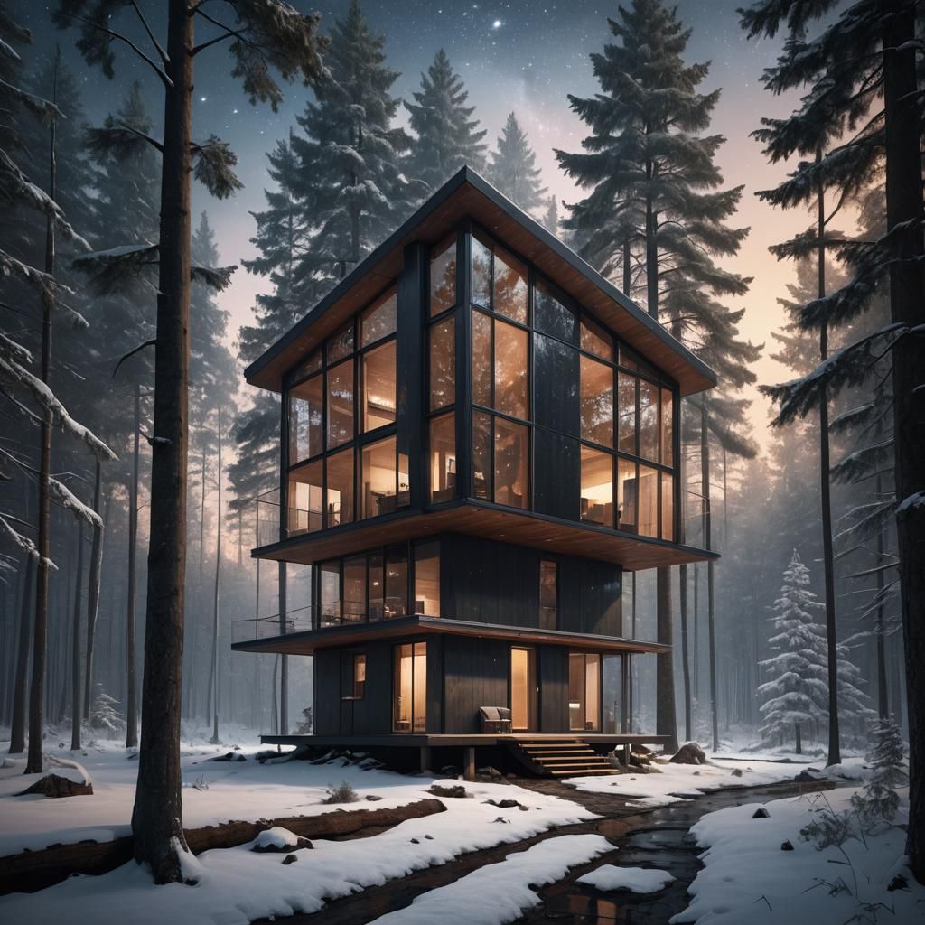 Cabin in Woods with Postmodern Design and Starry Sky