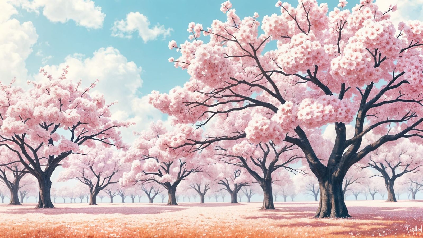 Romantic Cherry Blossom Landscape in Soft Pastel Hues