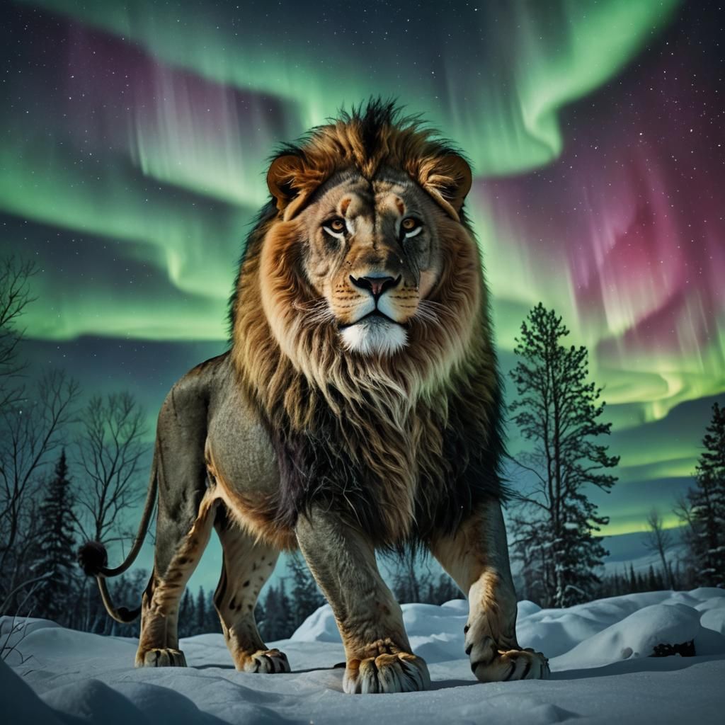 Lion Under Northern Lights: Hyperrealistic Image