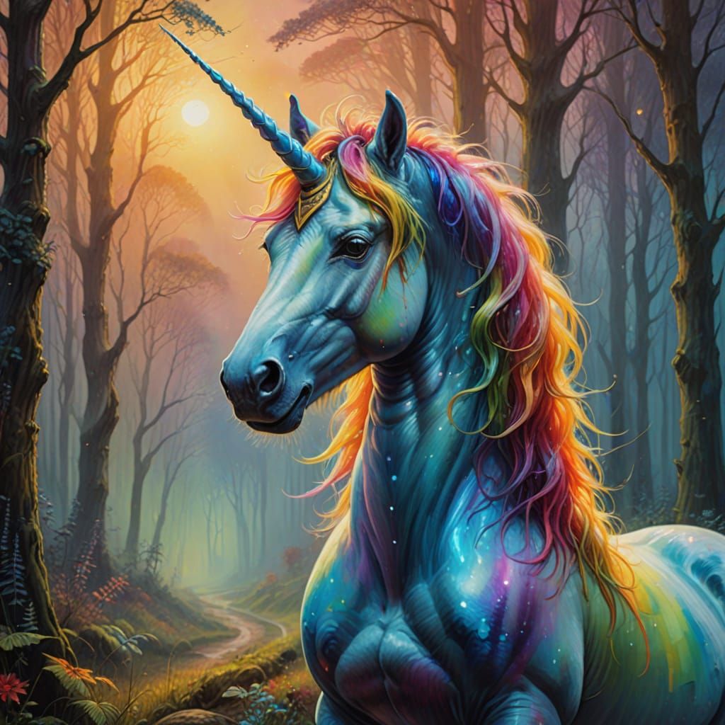 Rainbow Unicorn in Misty Forest: Oil Painting