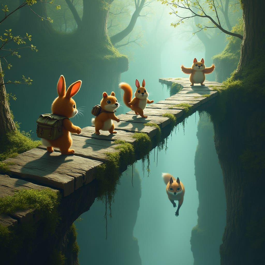 Forest Creatures Escape Across Rickety Bridge